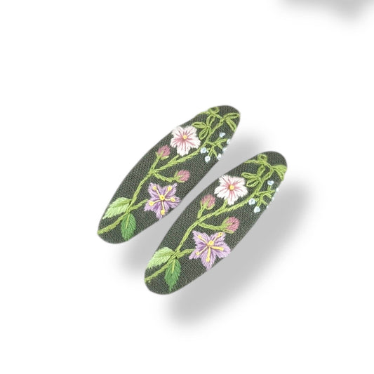 Sage Bloom Hand Embroidered Hair Clips