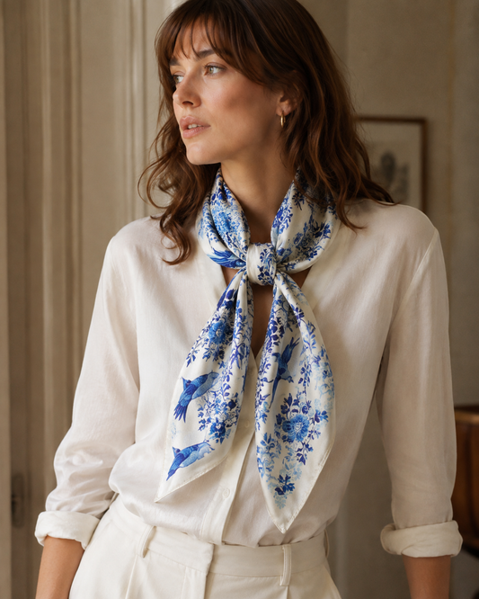 Blue Floral Silk Scarf | 100% Mulberry Silk