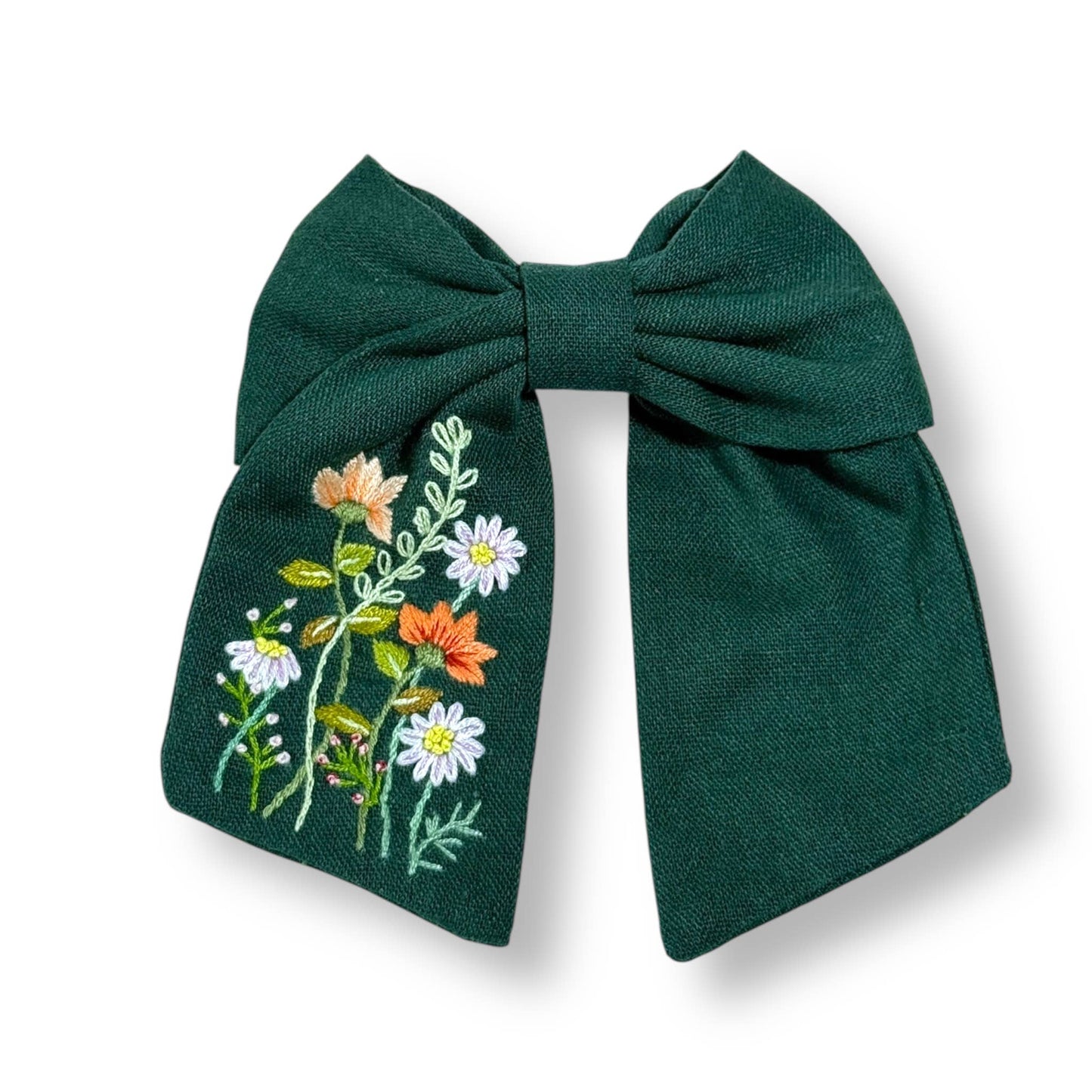 Emerald Green Hand Embroidery Hair Barrette | Orange & White Daisy