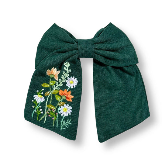 Emerald Green Hand Embroidery Hair Barrette | Orange & White Daisy