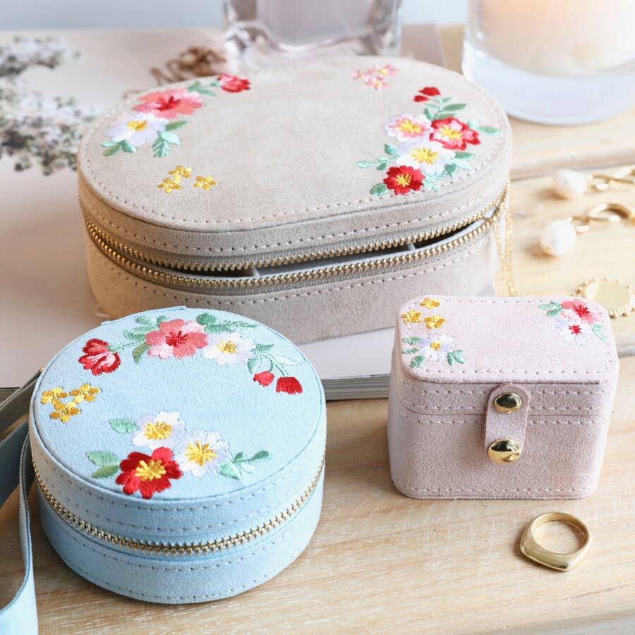 Embroidered Flowers Mini Round Velvet Jewellery Case