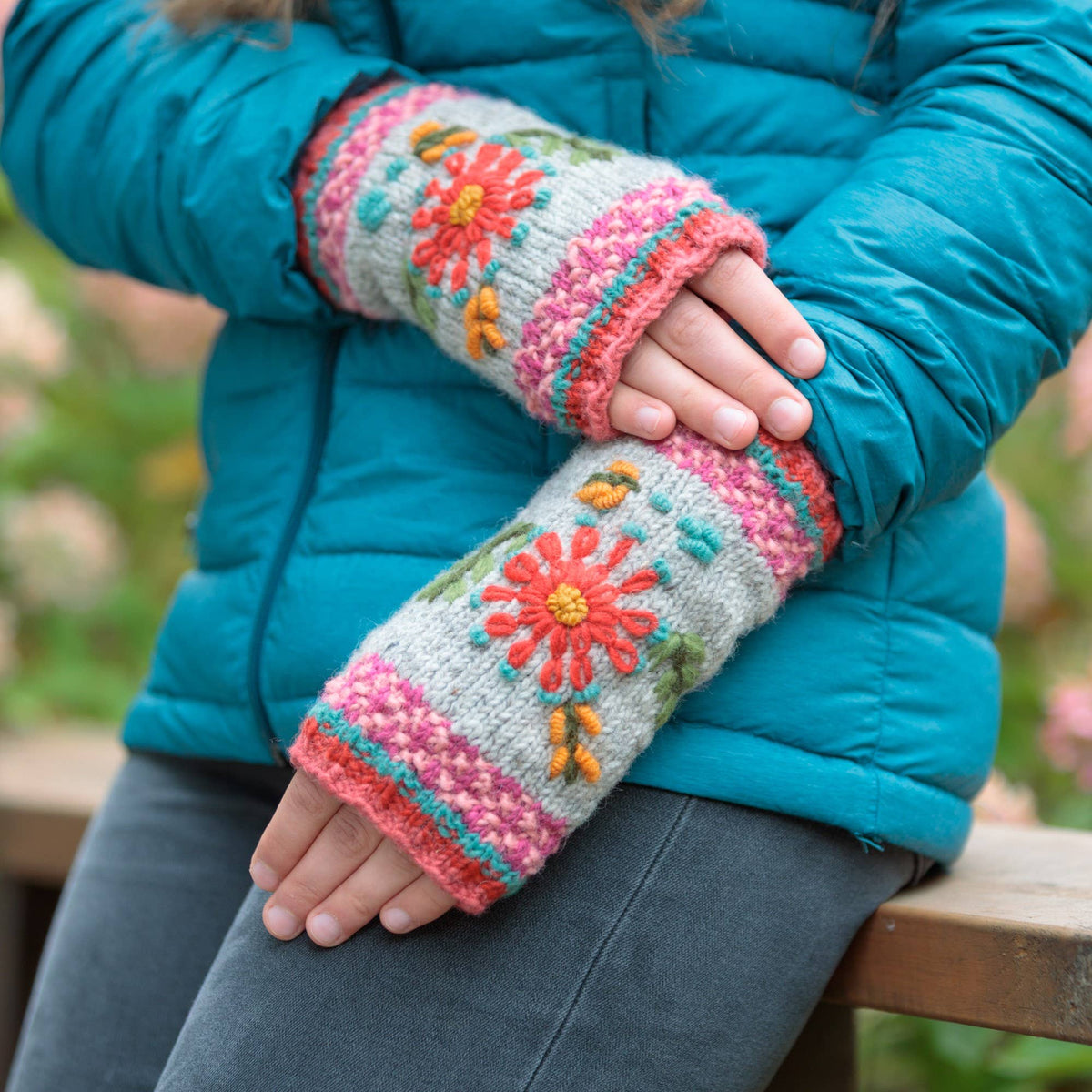 Abigail Hand Knit Wool Handwarmers with Floral Design