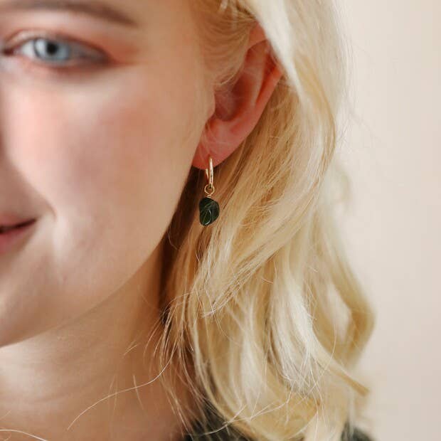 African Jade Stone Hoop Earrings in Gold