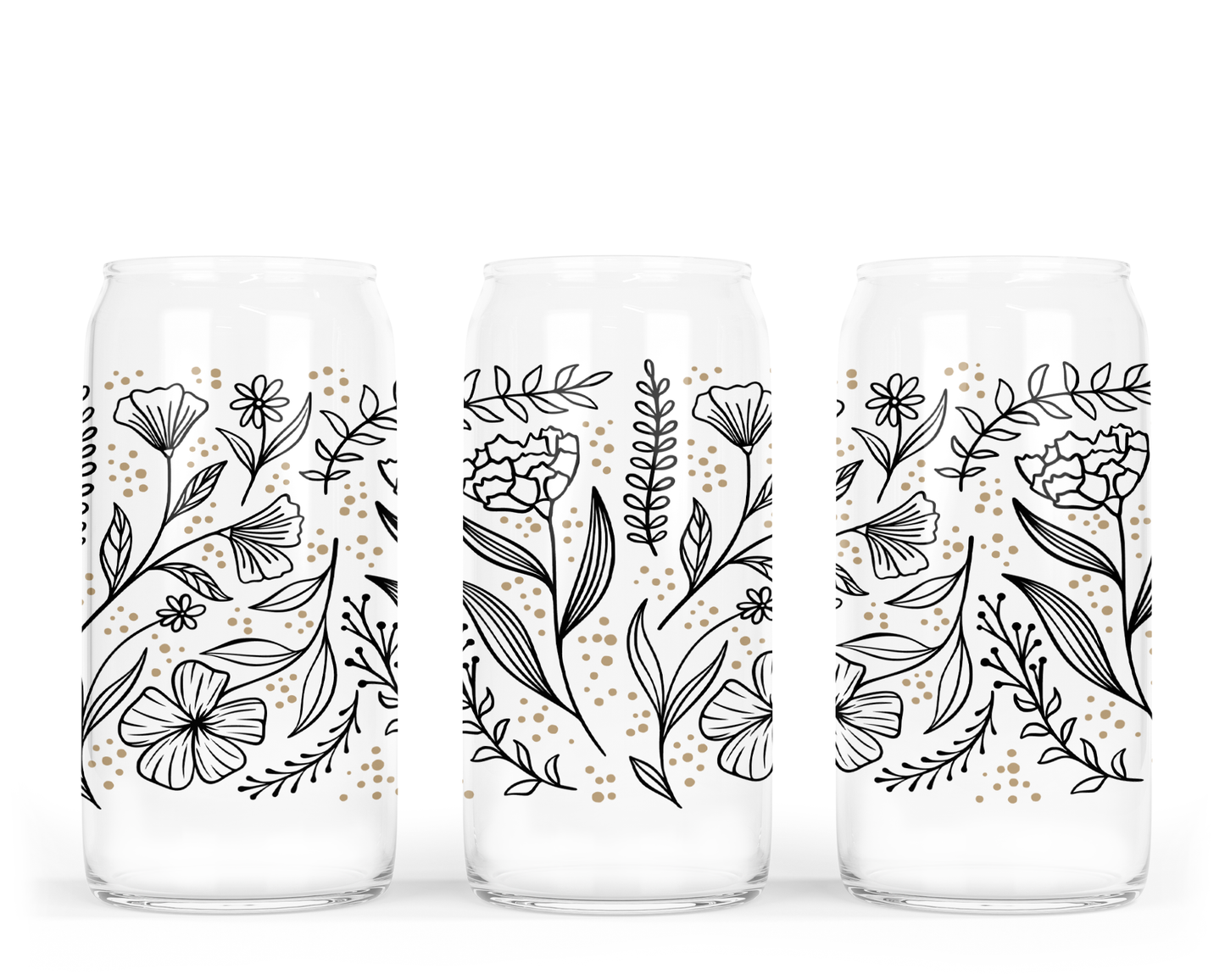 Floral Line Art Glass Can w Bamboo Lid | Glass Can