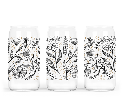 Floral Line Art Glass Can w Bamboo Lid | Glass Can