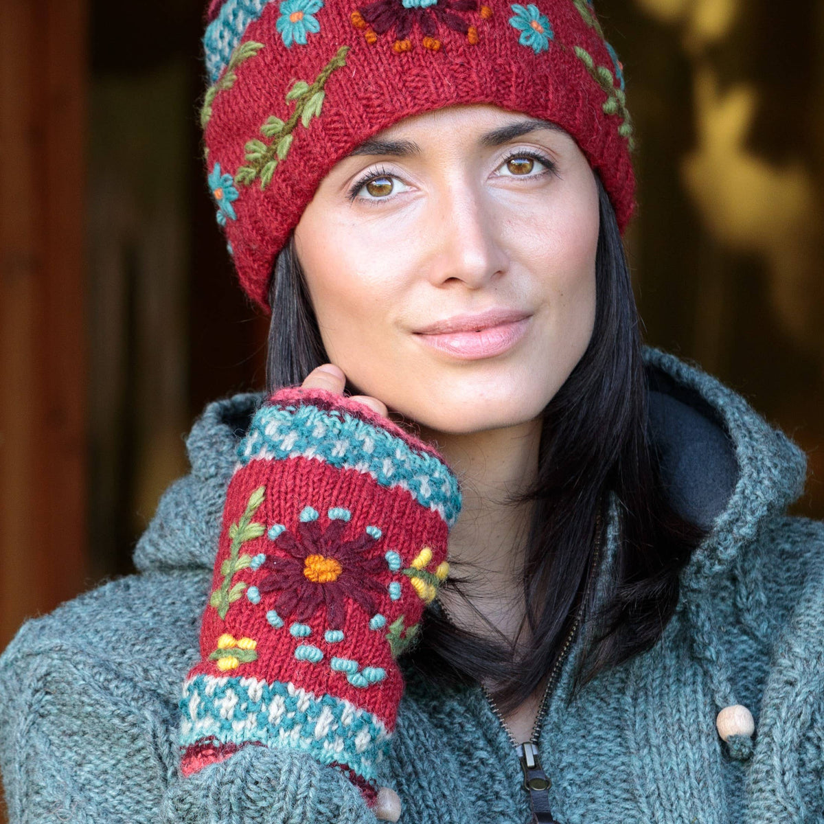 Abigail Hand Knit Wool Handwarmers with Floral Design