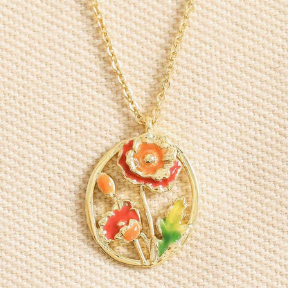 Enamel Oval Hoop Birth Flower Pendant Necklaces