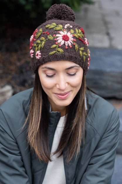 Olivia Hand-Embroidered Wool Hat with Pom