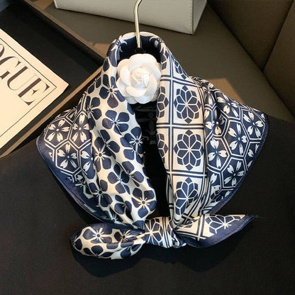 100% Mulberry Silk | Blue Tile Floral Square Scarf