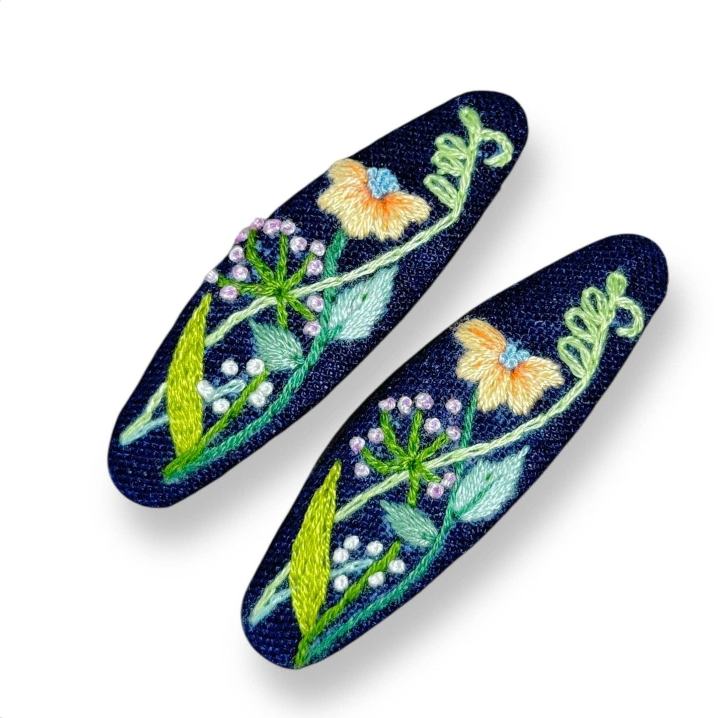 Orange Garden Hand Embroidered Dark Blue Hair Clips
