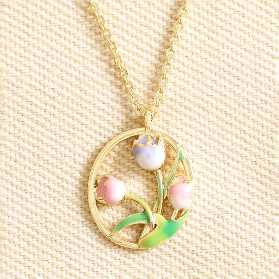 Enamel Oval Hoop Birth Flower Pendant Necklaces