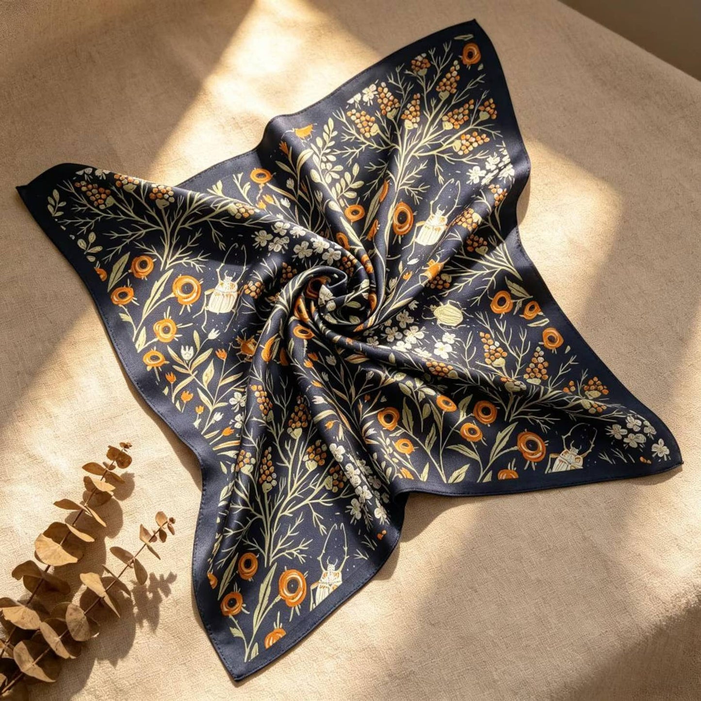 Navy Wildflower Silk Scarf | 100% Mulberry Silk