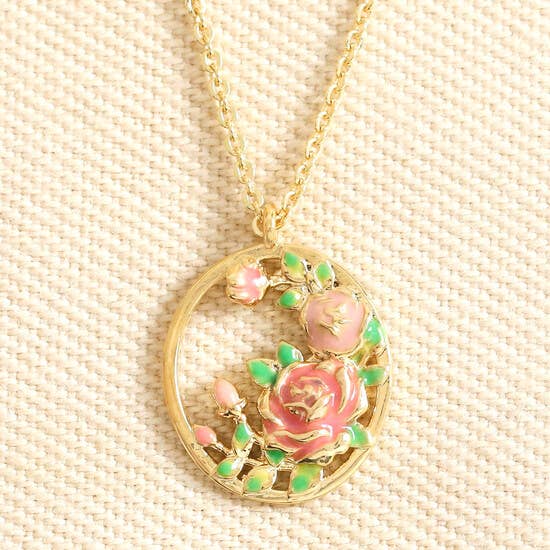 Enamel Oval Hoop Birth Flower Pendant Necklaces