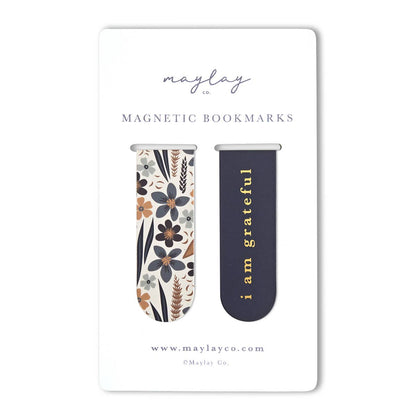 Misty Bloom Floral "I Am Grateful" Magnetic Gold Foil Bookmarks (Set of 2)