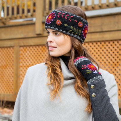 Abigail Hand Knit Wool Handwarmers with Floral Design
