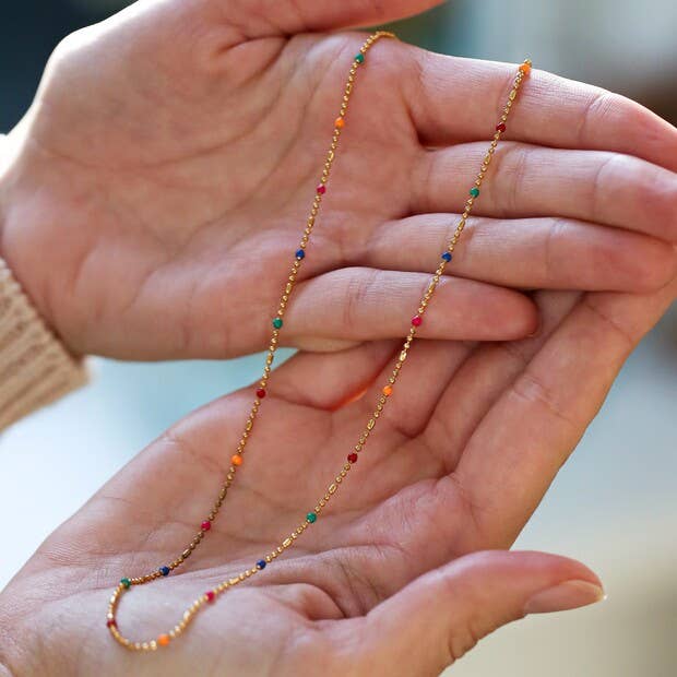 Rainbow Enamel Bead Chain Necklace in Gold