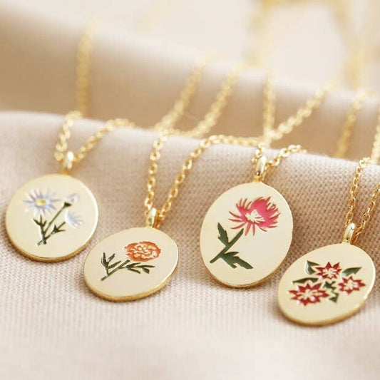 Enamel Birth Flower Necklace in Gold