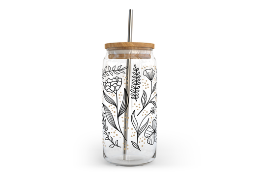 Floral Line Art Glass Can w Bamboo Lid | Glass Can
