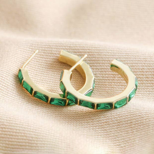 Green Baguette Crystal Hoop Earrings in Gold