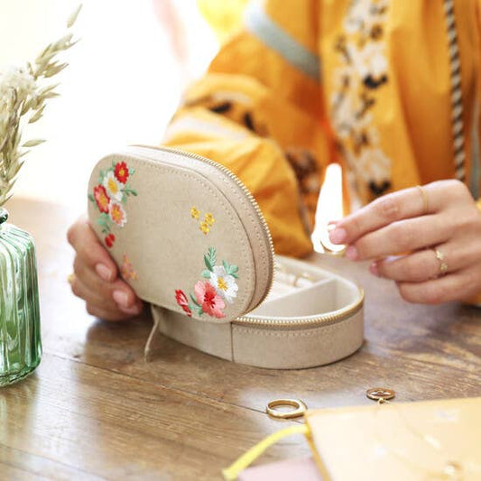 Embroidered Flowers Oval Velvet Jewellery Box