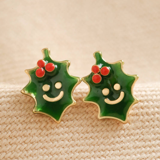 Enamel Holly Stud Earrings Gold