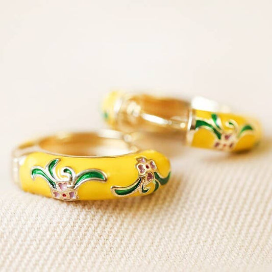 Mustard Cloisonné Hoop Earrings in Gold